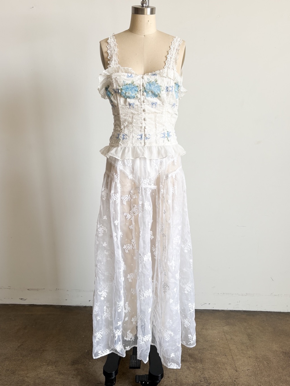 NWOT For Love And Lemons Sheer Embroidered Maxi Dress with Blue Accents Sz Small